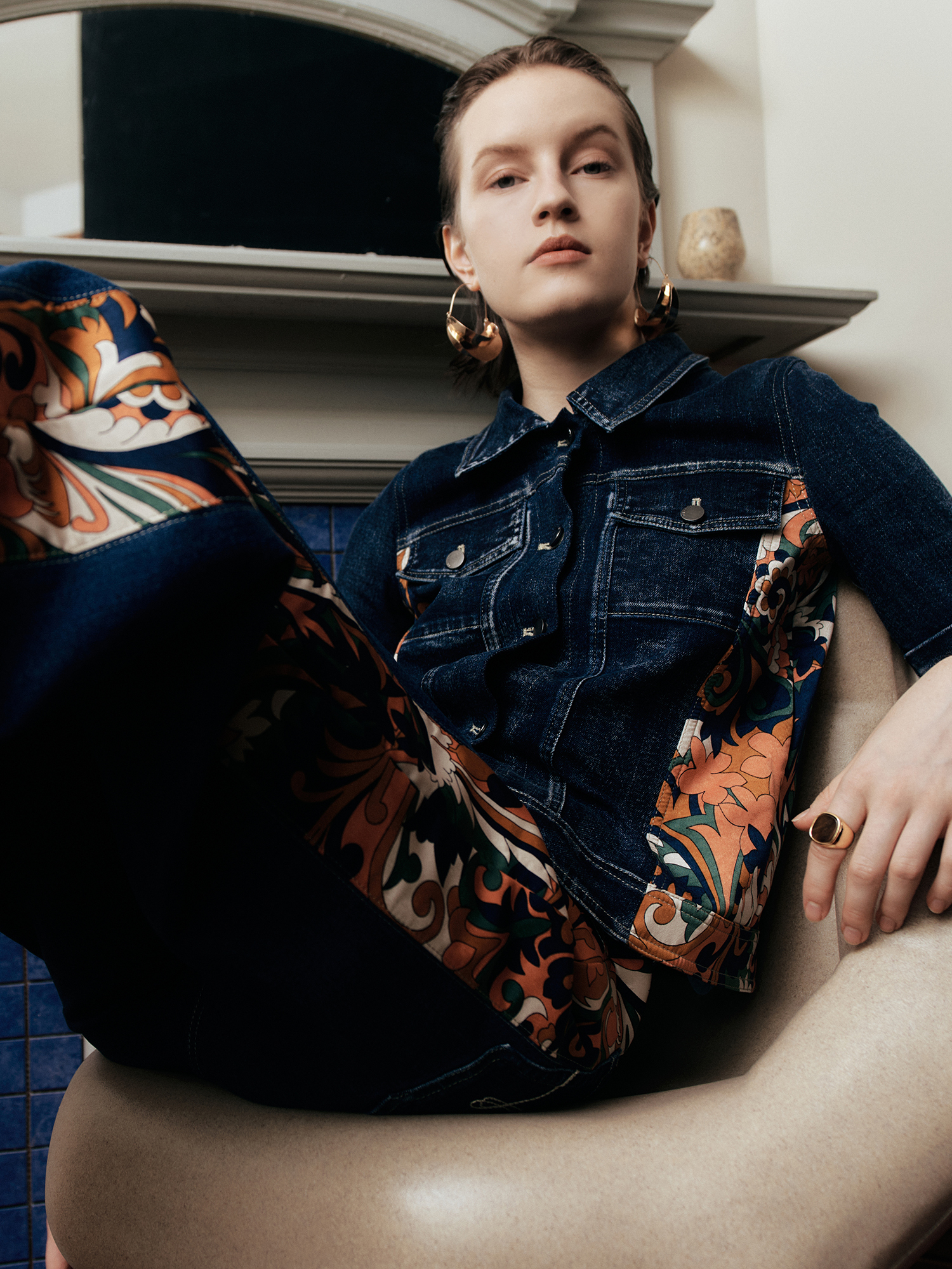 mi-tu 拼接印花直腳牛仔褲