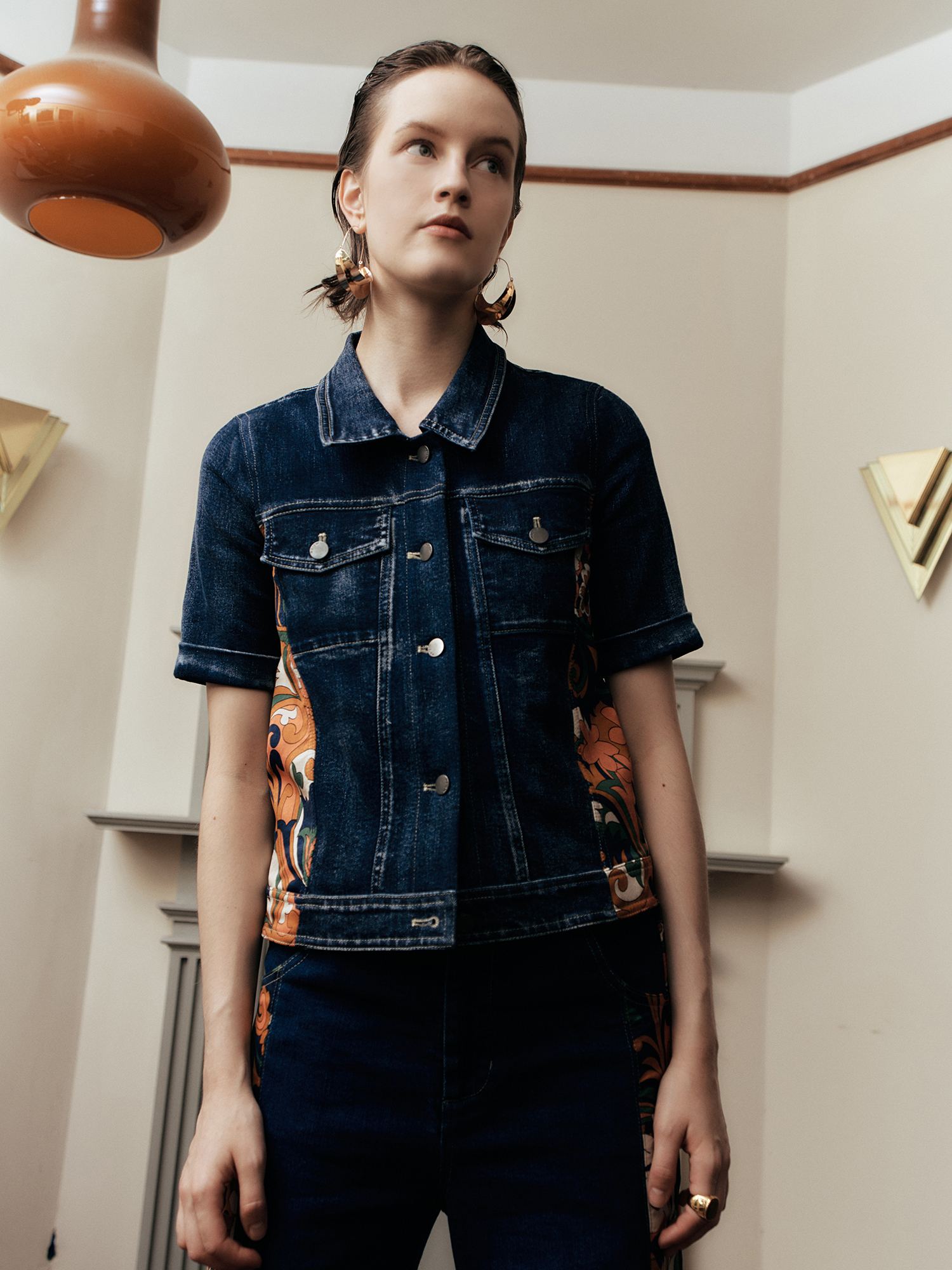 mi-tu 拼接印花直腳牛仔褲