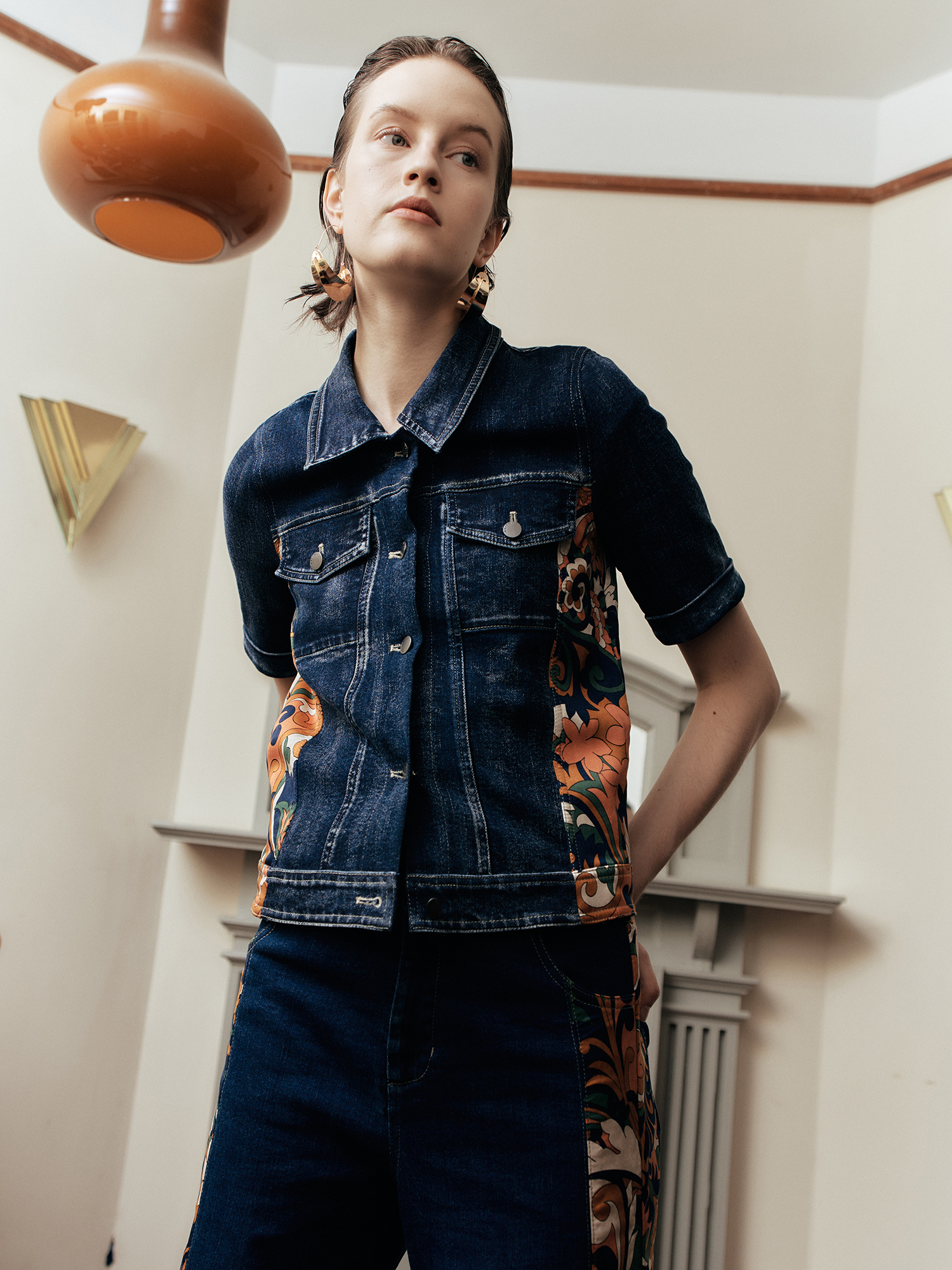 mi-tu 拼接印花牛仔外套