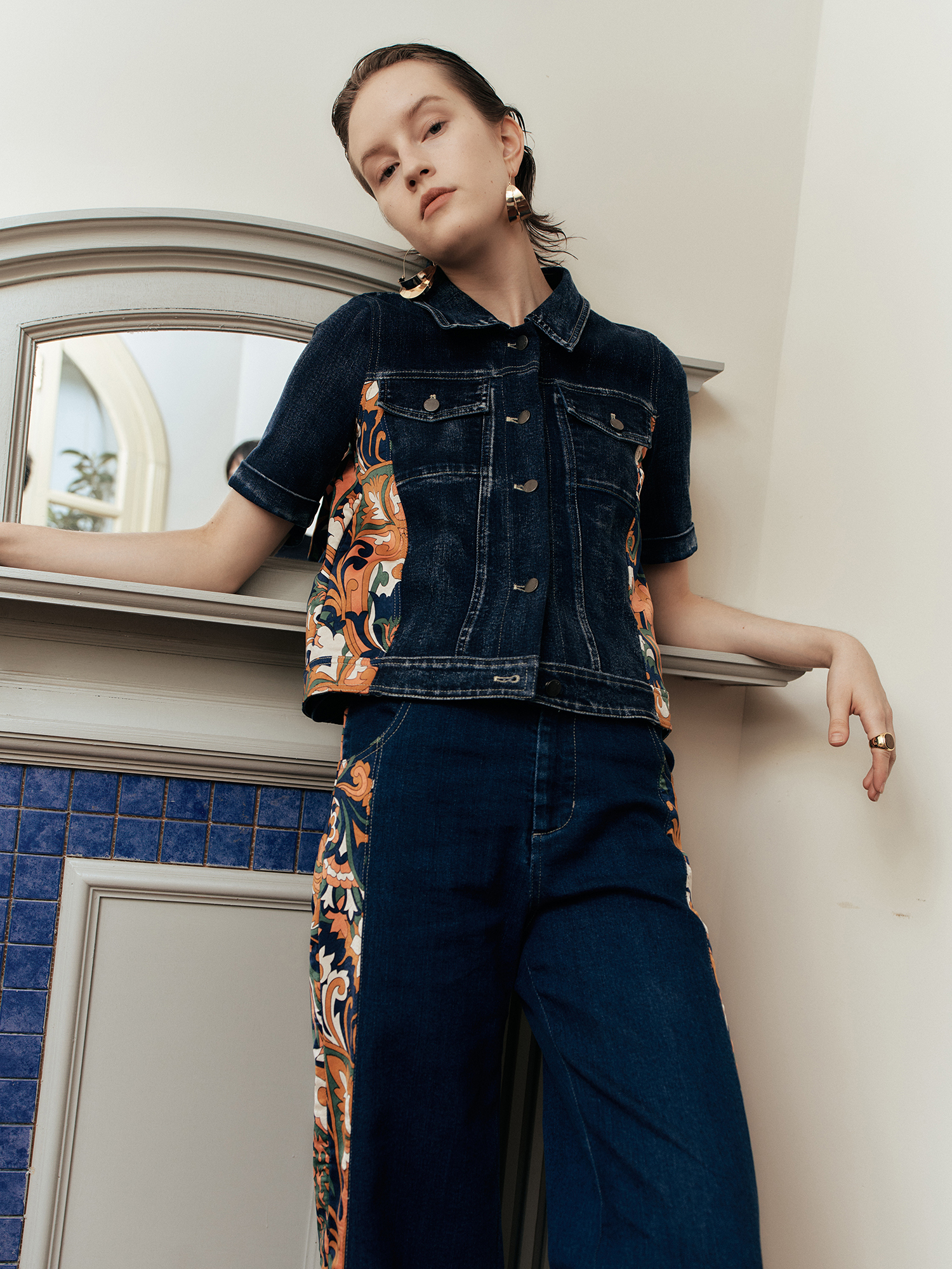 mi-tu 拼接印花牛仔外套