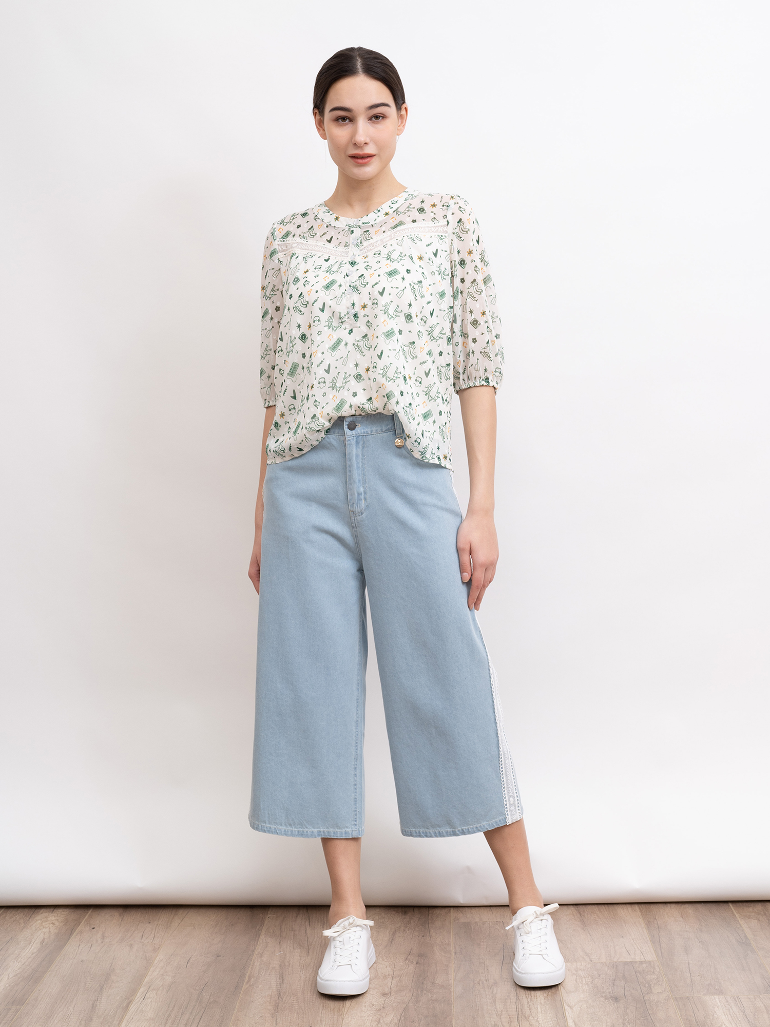 mi-tu 蕾絲直腳七分牛仔褲