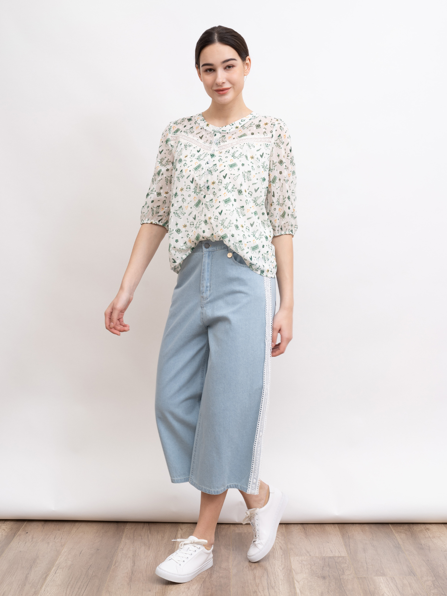 mi-tu 蕾絲直腳七分牛仔褲