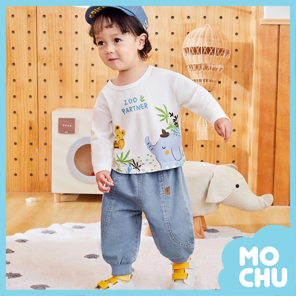 刺繡小熊彈力腰牛仔長褲(兩色)