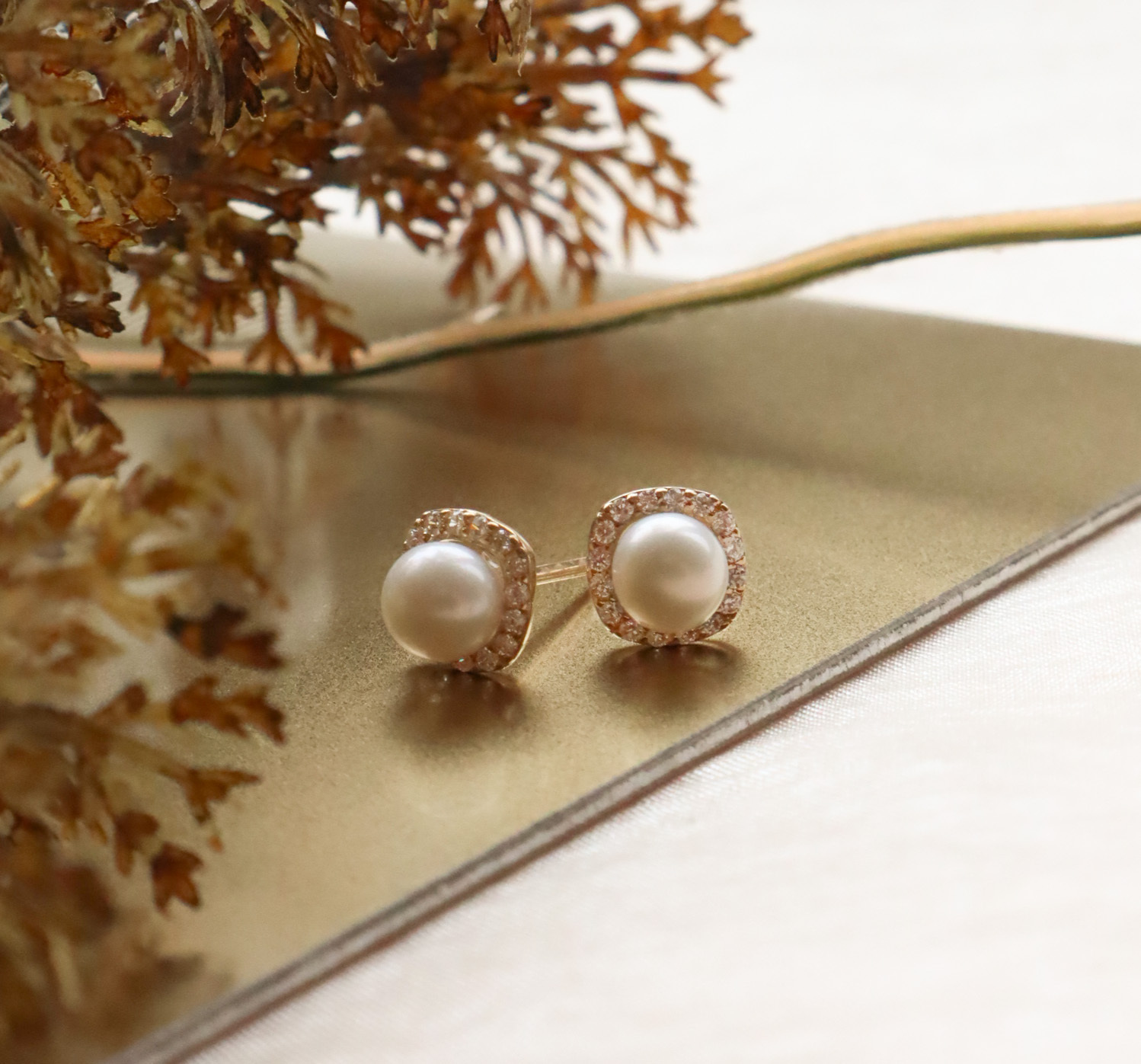 10K/小方形珍珠耳環