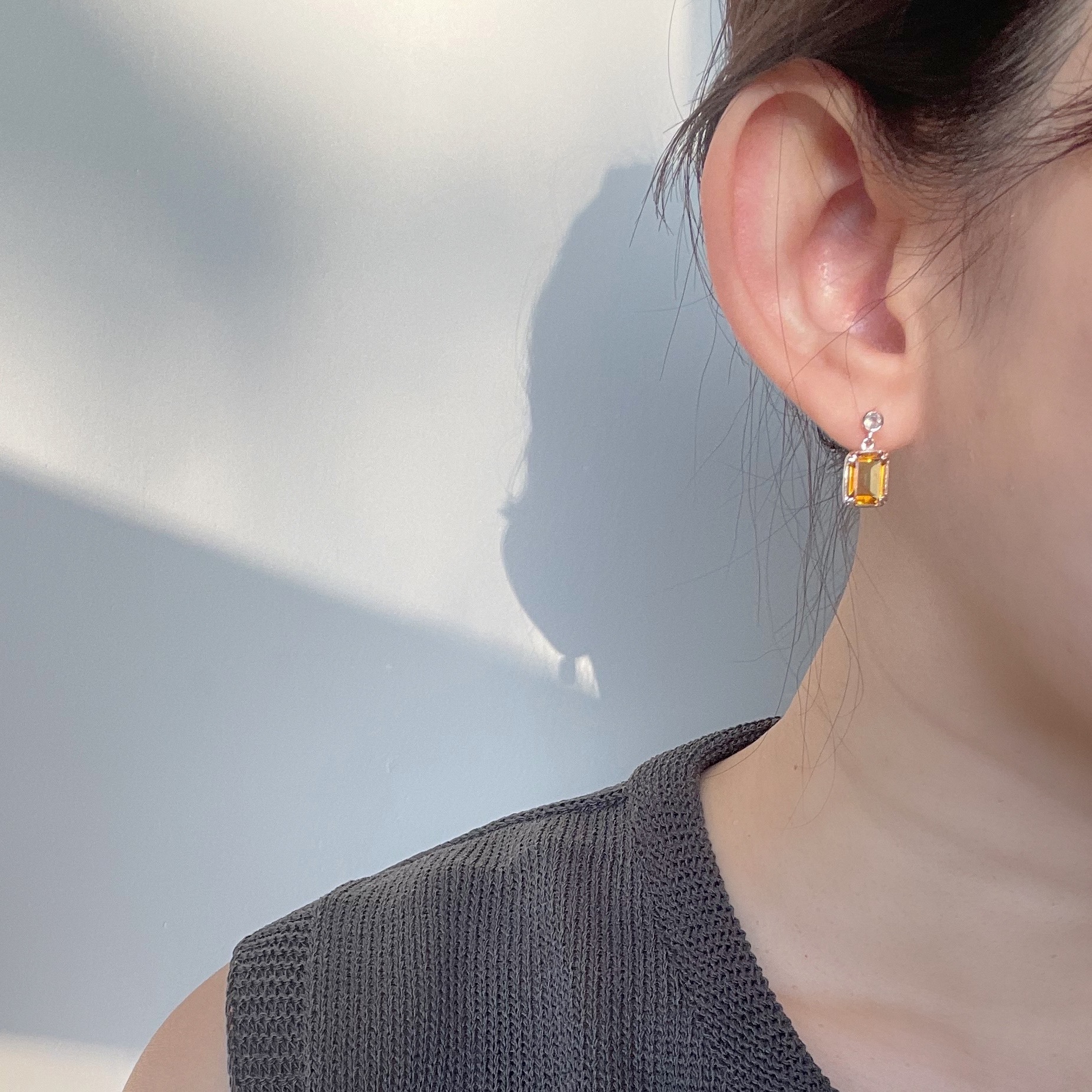 公主爪鑲長方黃水晶耳環