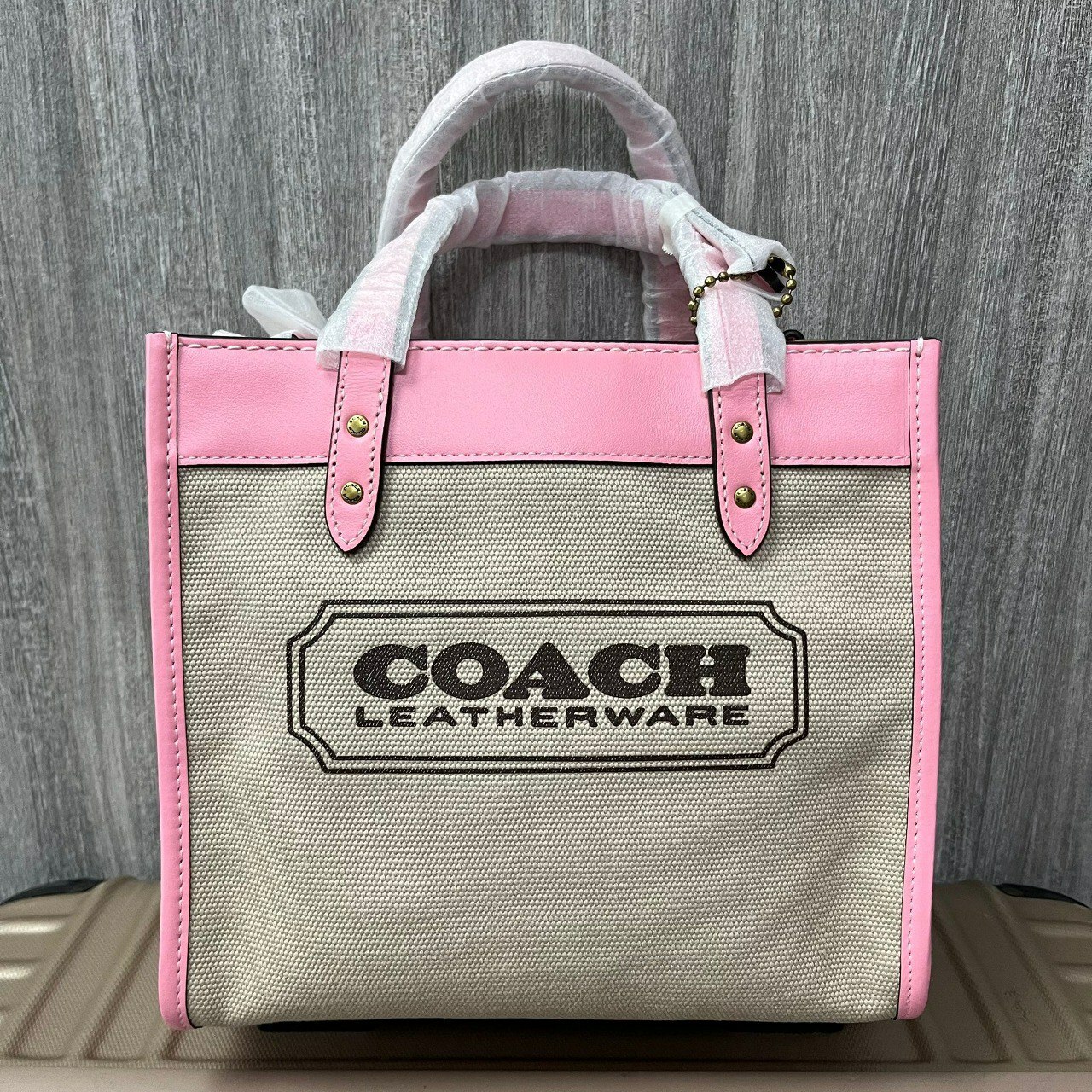[S] COACH CH740 CNS FLD TOTE 22,B4/NATURAL CANVAS/FLOWER PINK, 195031916120 (SCO278)