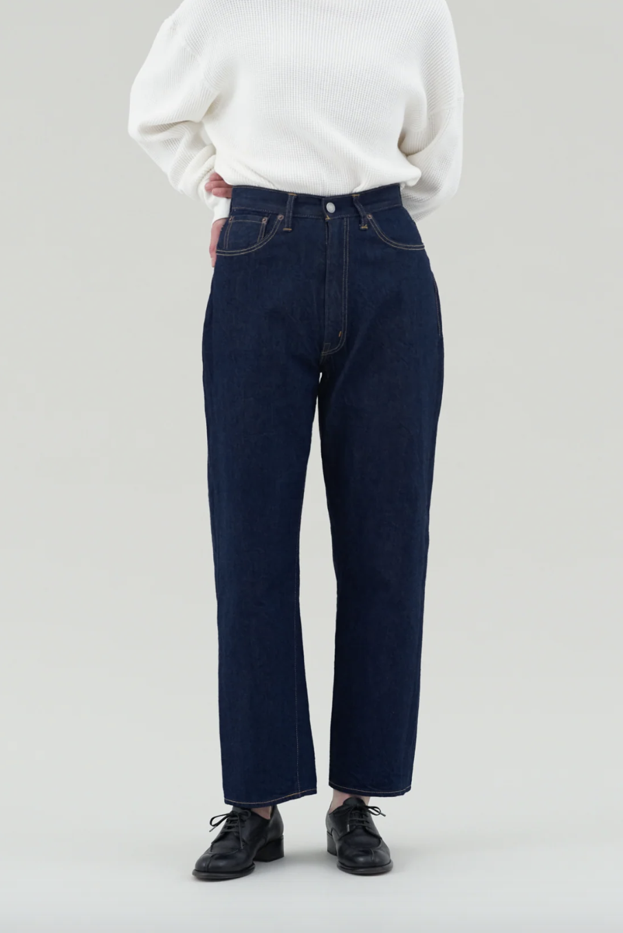 CIOTA INDIGO SUVIN COTTON 11.5oz HIGH WAIST DENIM - DARK BLUE DAMAGED