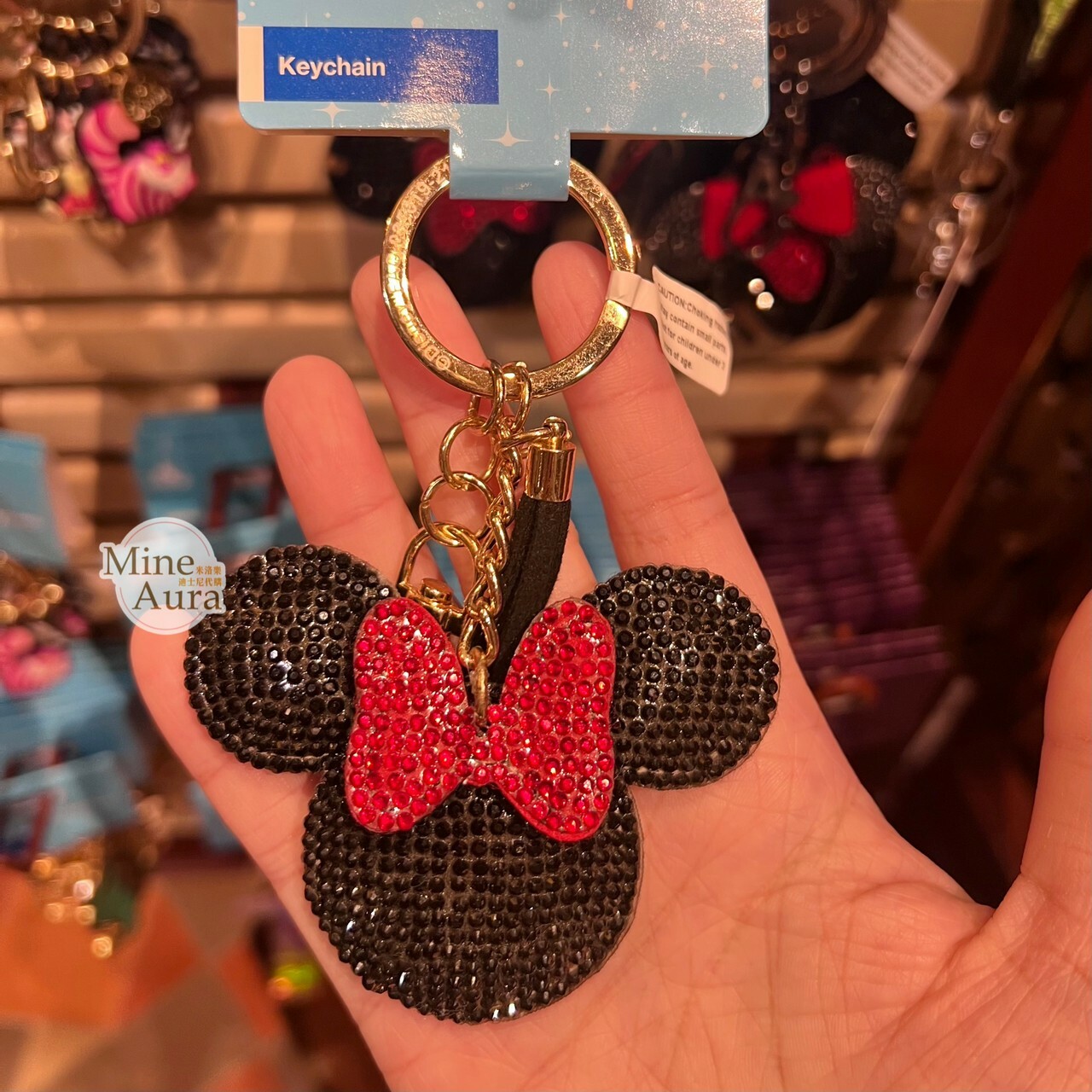 米妮 Minnie 大頭 亮鑽 黑底 紅色蝴蝶結  造型 鑰匙圈 吊飾 -香港迪士尼樂園