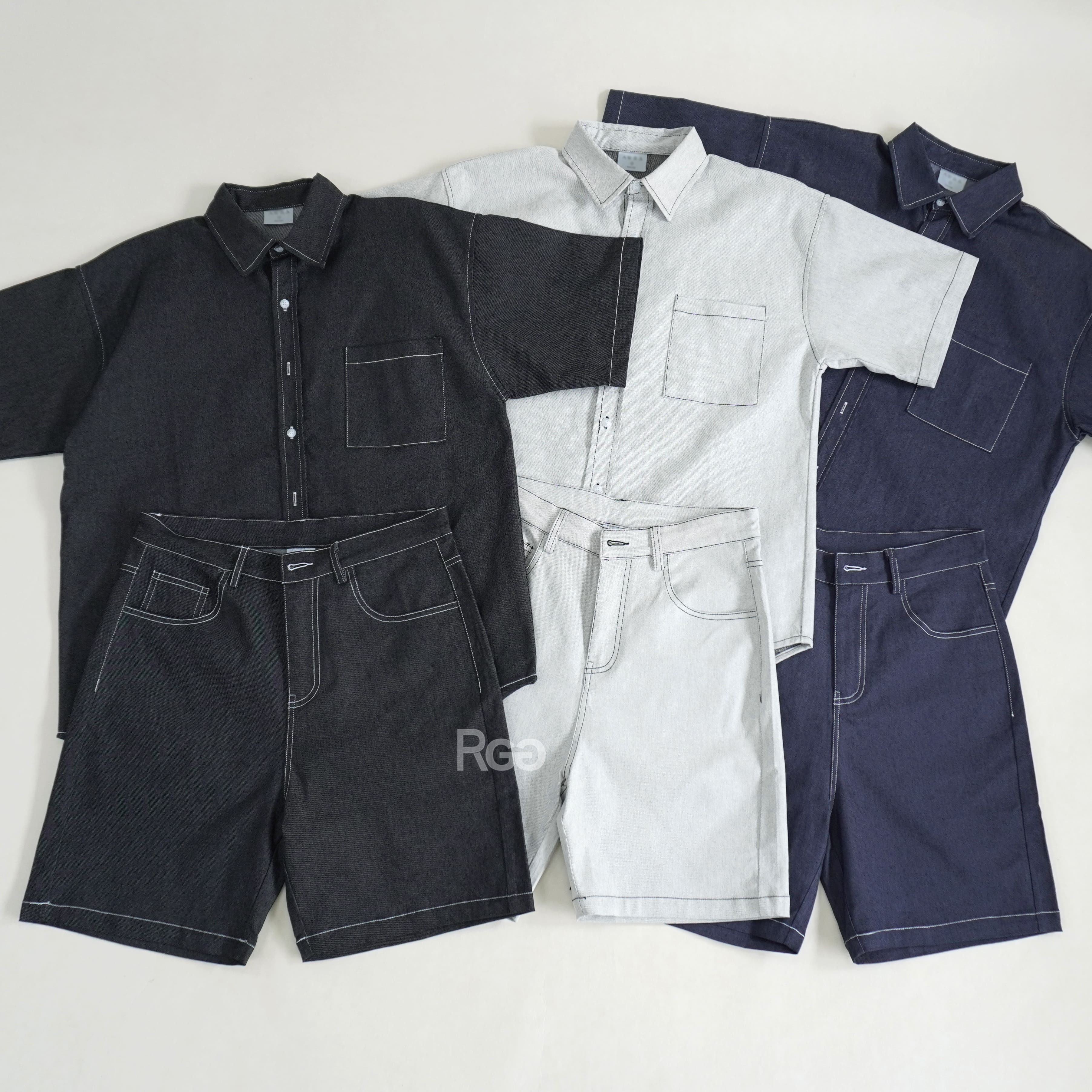 韓版丹寧車線短褲短袖襯衫套裝