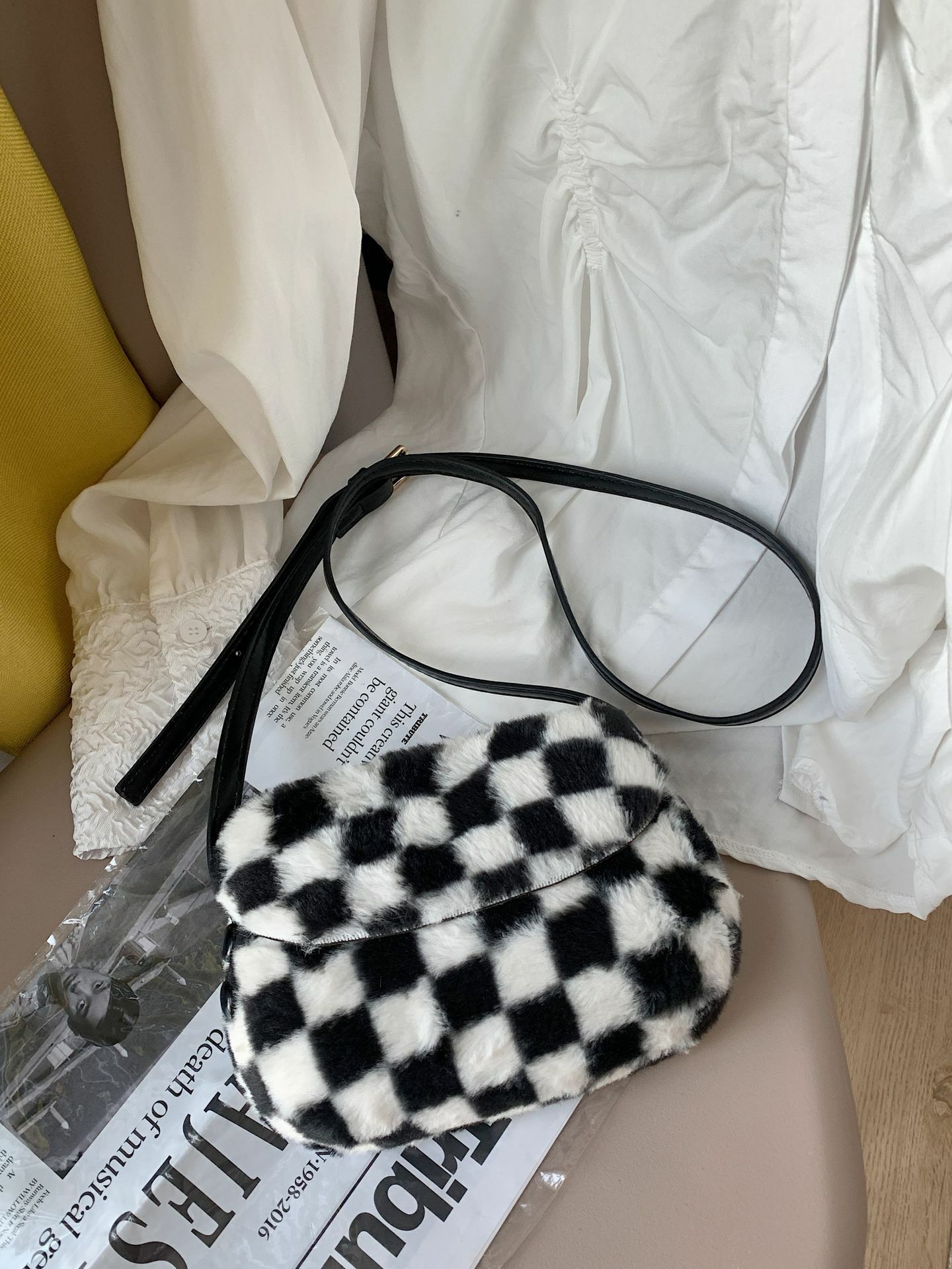 棋盤毛毛格馬鞍包