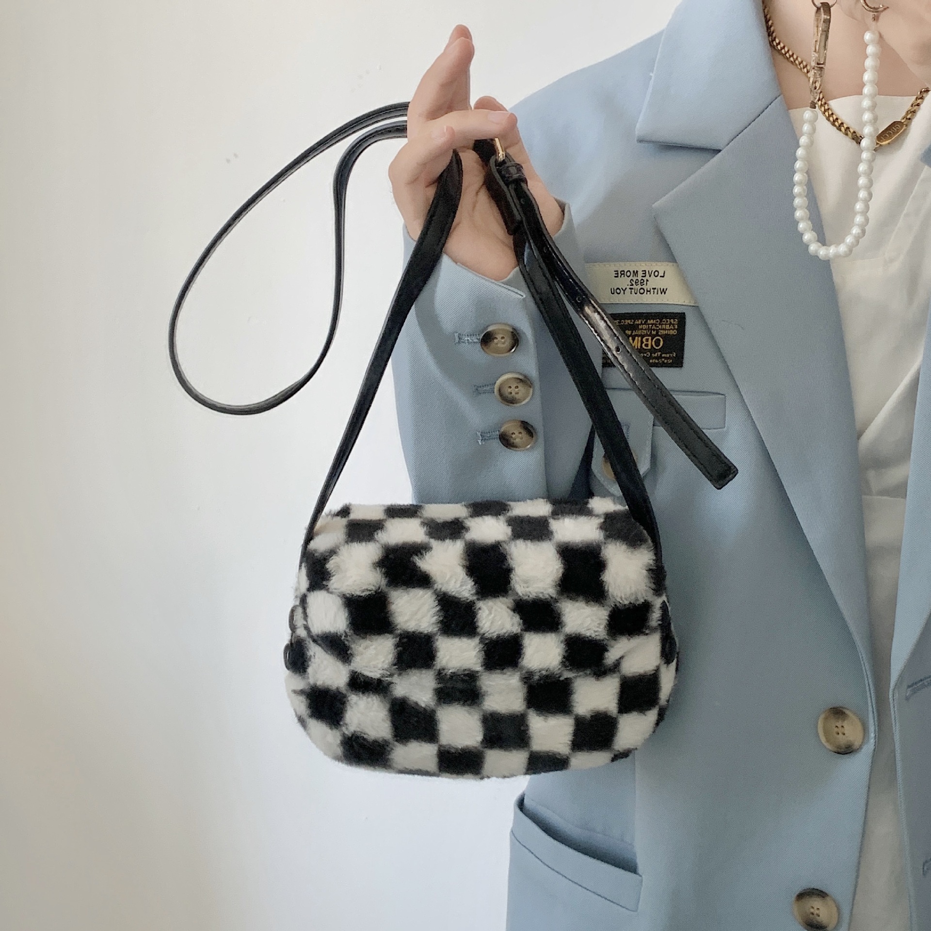 棋盤毛毛格馬鞍包