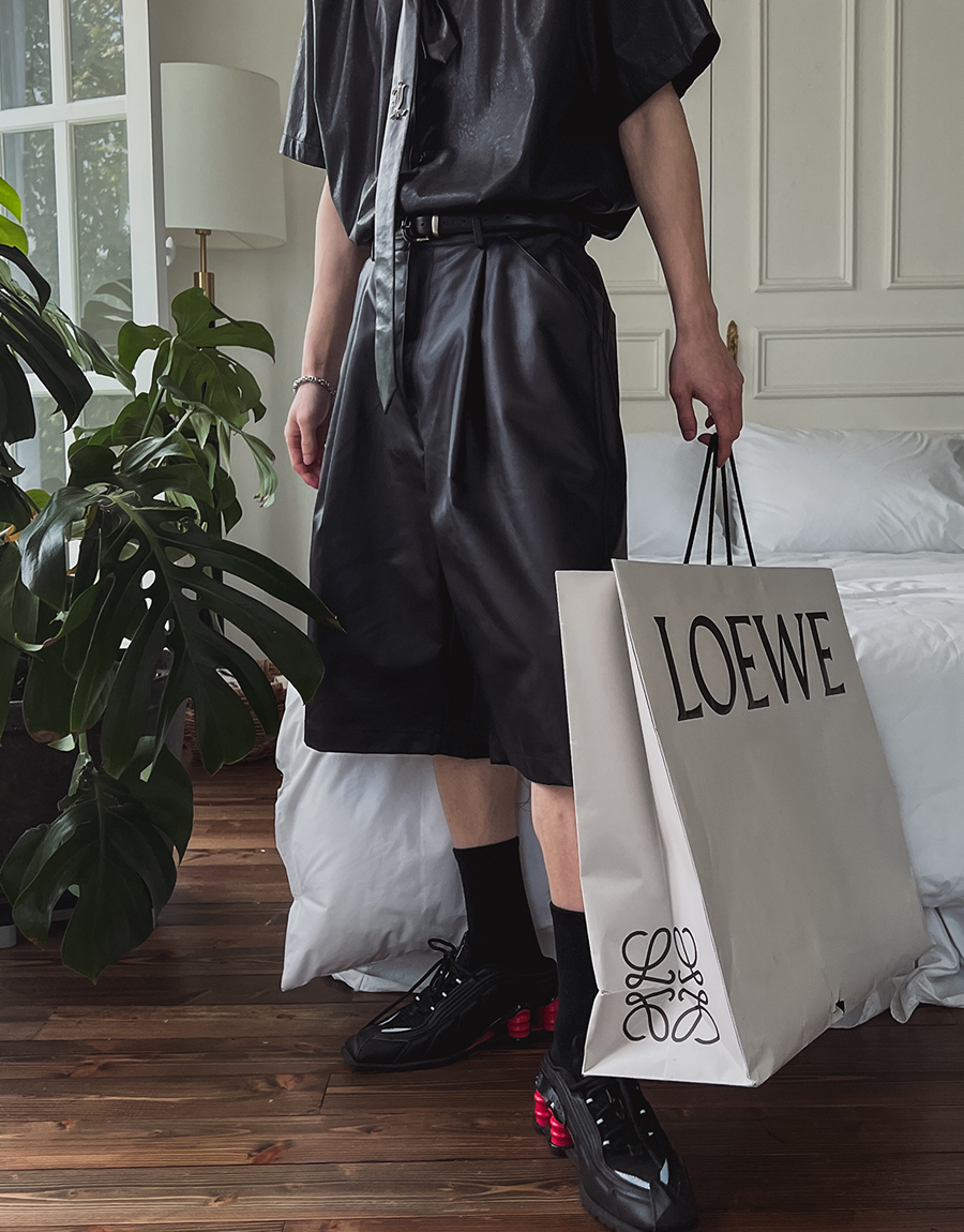 雙褶皺氣球皮革7分褲