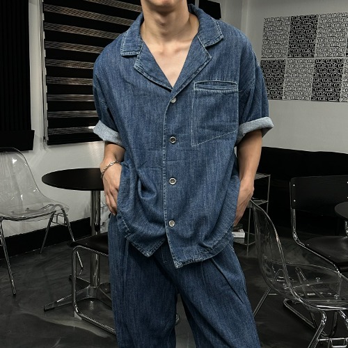 貝爾亞麻牛仔短袖襯衫夾克