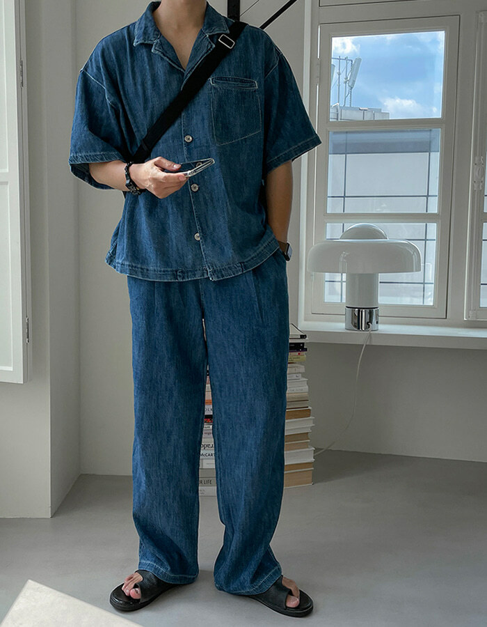 貝爾亞麻單褶寬腿牛仔褲