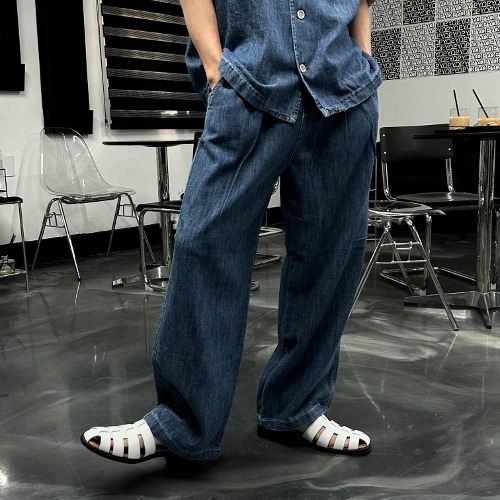 貝爾亞麻單褶寬腿牛仔褲