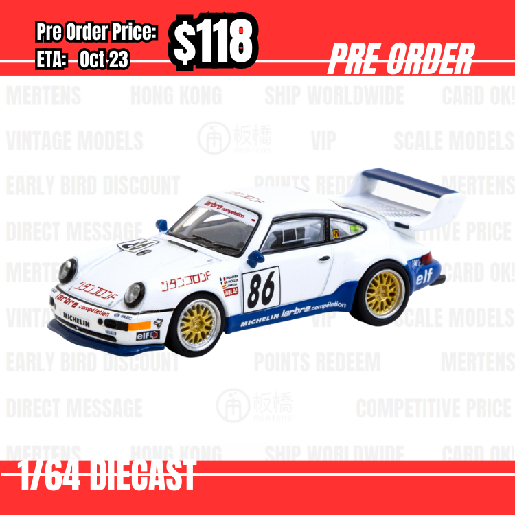 Pre Order-$118 Tarmac 1:64 Porsche 911 Turbo S LM GT Suzuka 1000km 1994 #86 [OD12/05]