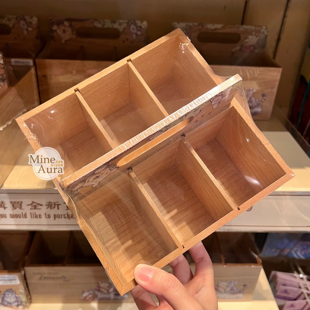 小熊維尼 Winnie the Pooh 手繪風 木紋 手提  桌上 分隔 收納盒 -香港迪士尼樂園