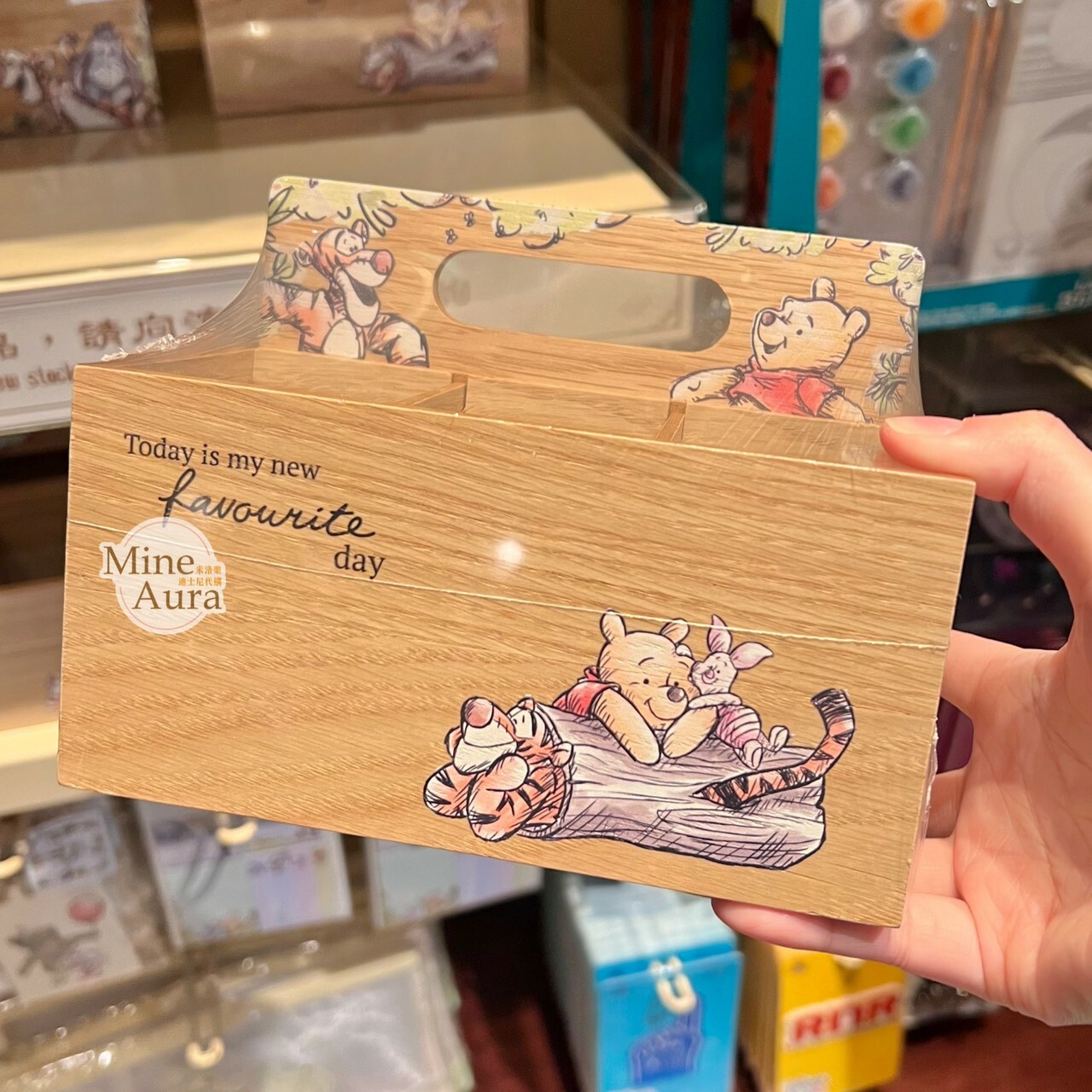小熊維尼 Winnie the Pooh 手繪風 木紋 手提  桌上 分隔 收納盒 -香港迪士尼樂園