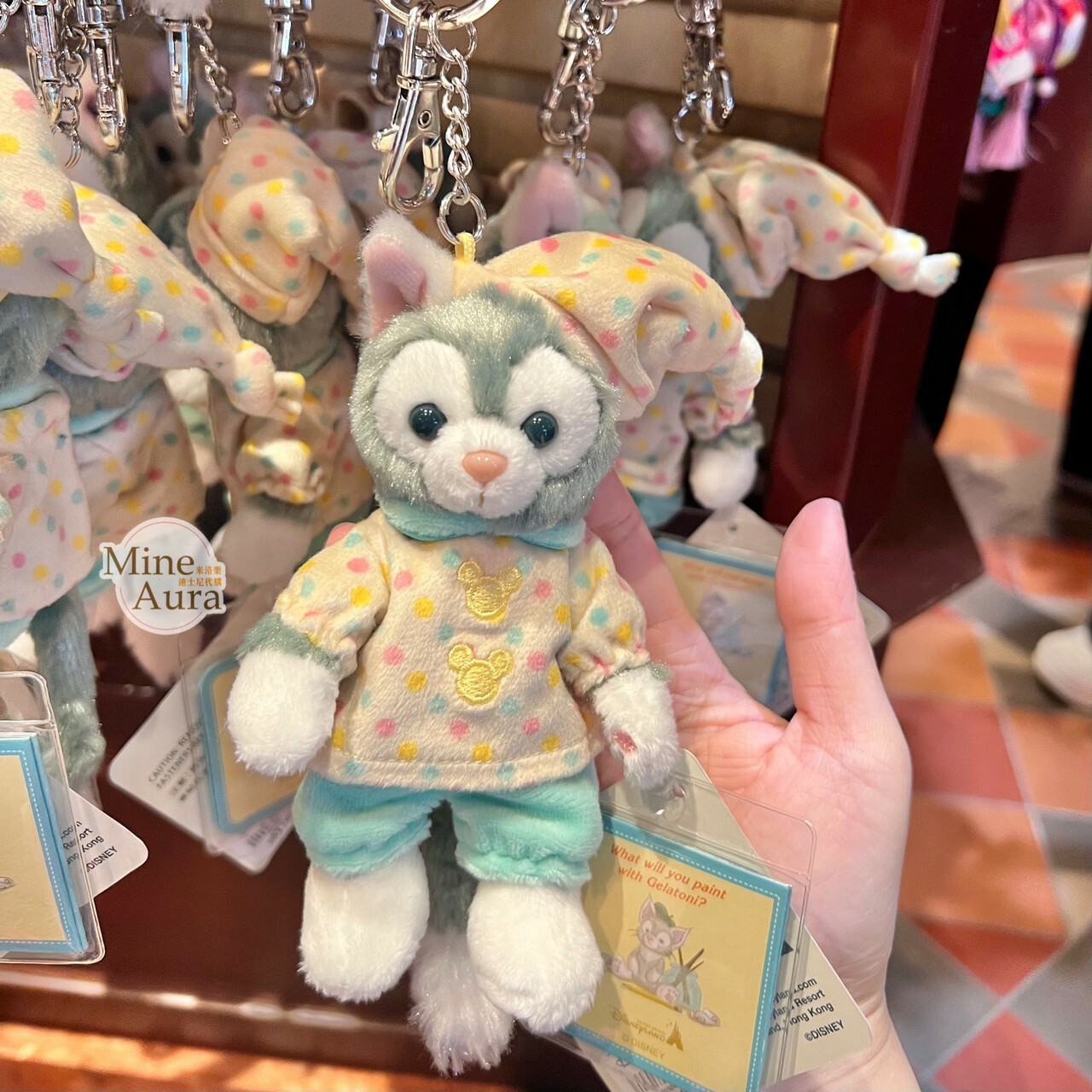 (現貨) 傑拉托尼 畫家貓 Gelatoni 點點睡衣裝造型 絨毛 吊飾 鑰匙圈 -香港迪士尼樂園