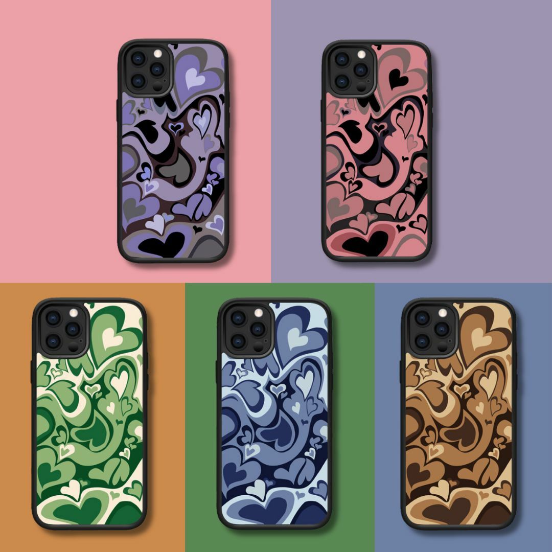 iPhone系列 【旋轉愛心】塗鴉彩繪系列防摔殼，共6色 黑邊TPU+鋁片二合一殼體 防摔、防塵、防刮花