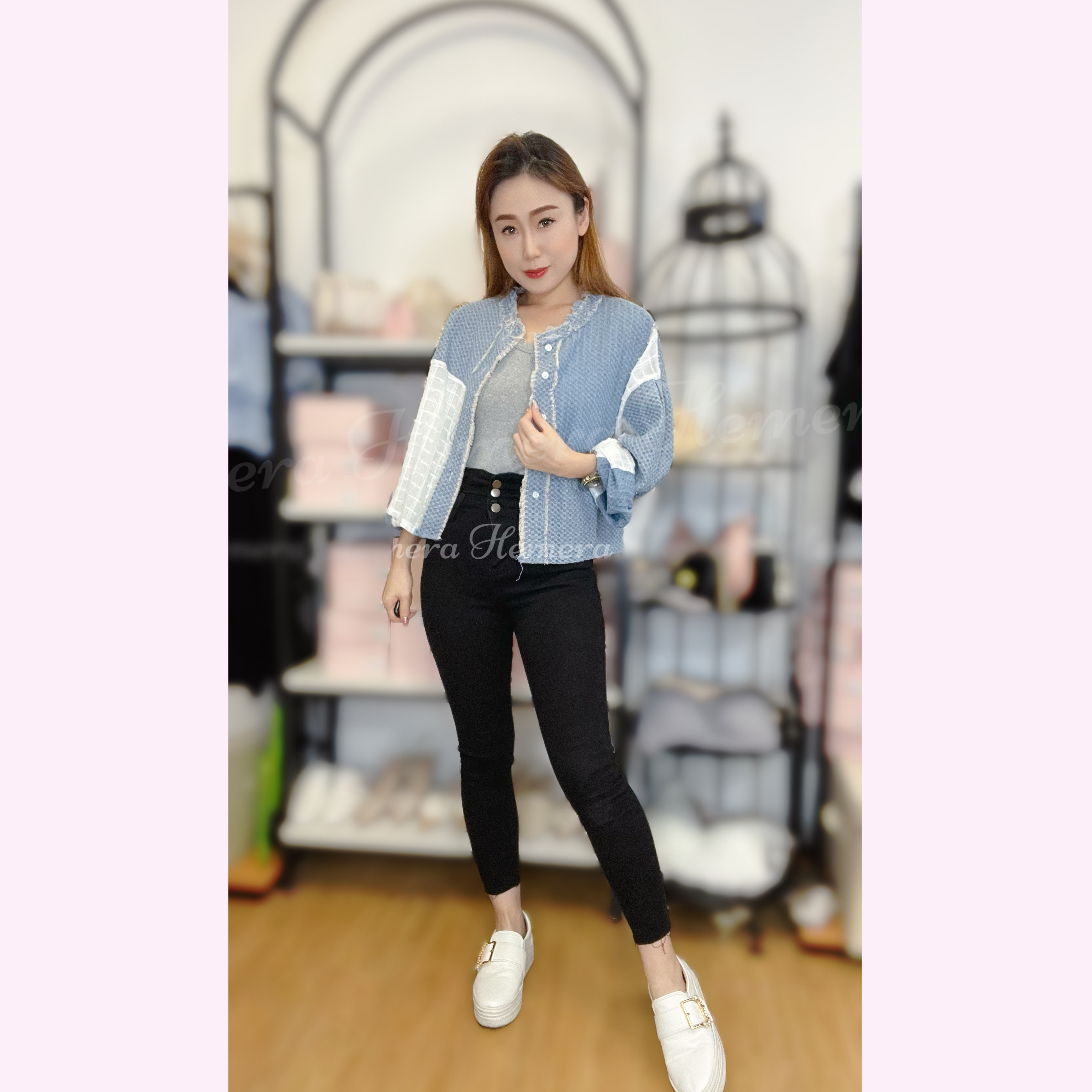 JK23W0524 牛仔布拼透膚棉格仔外套