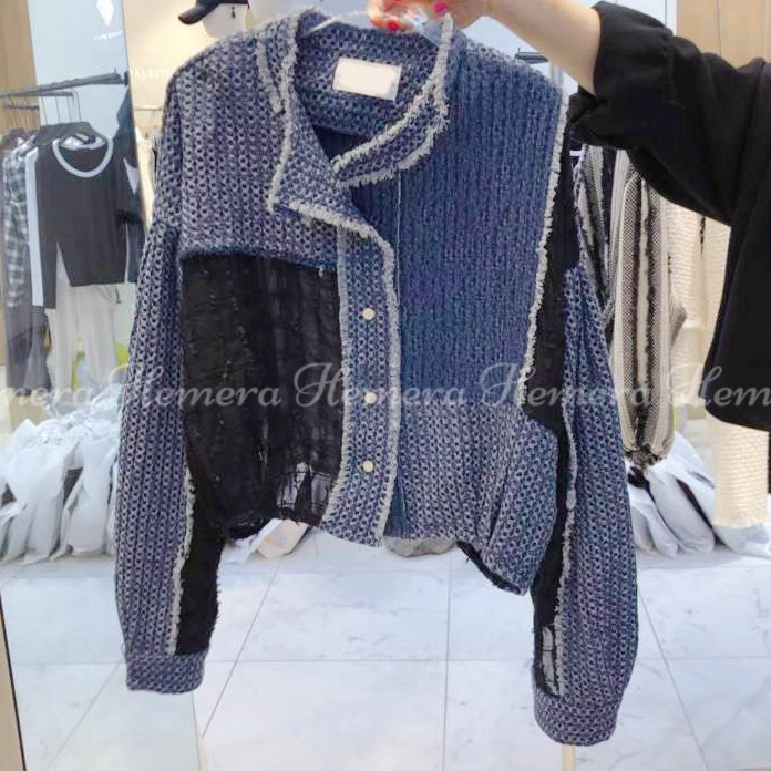 JK23W0524 牛仔布拼透膚棉格仔外套