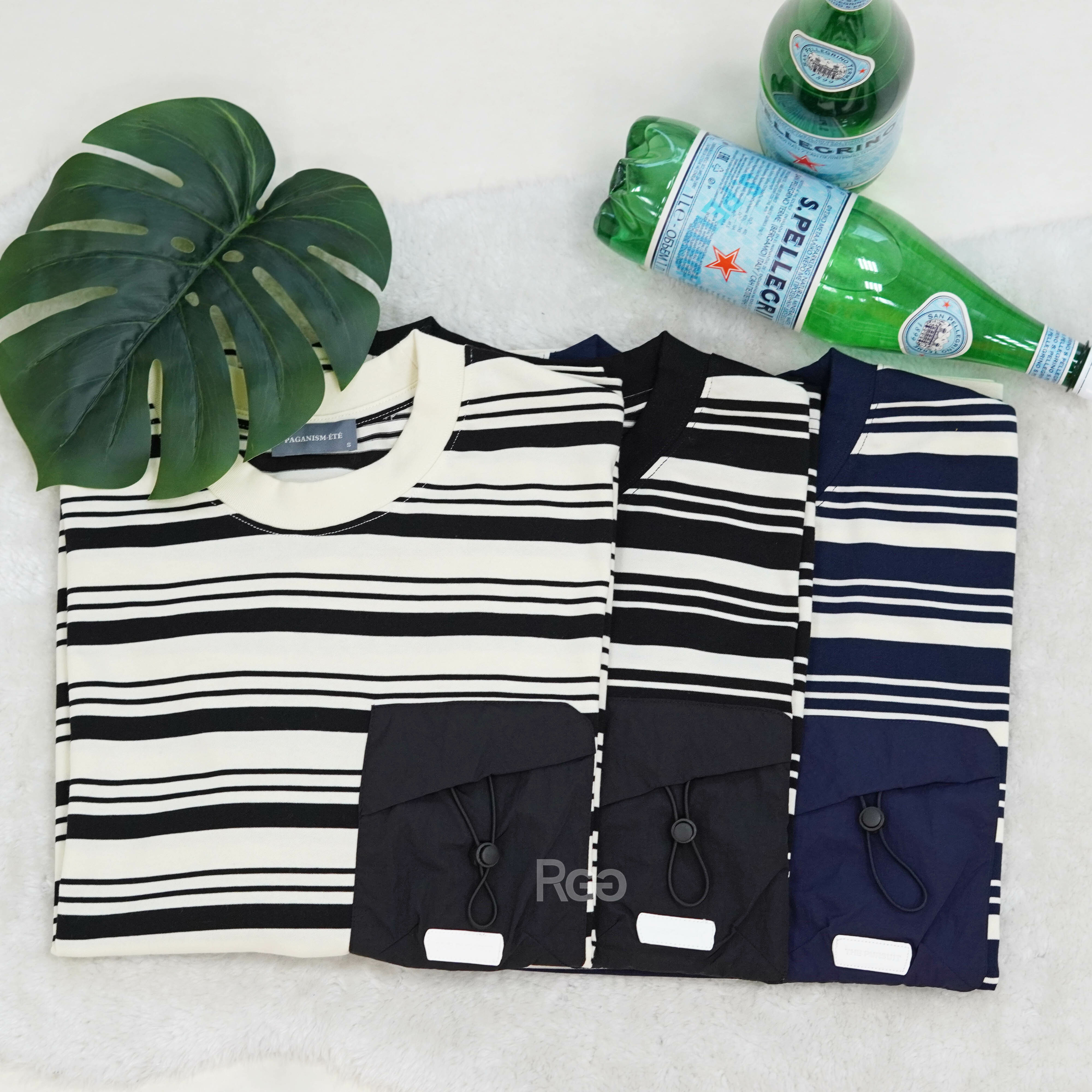 #6816 口袋造型橫條紋短T