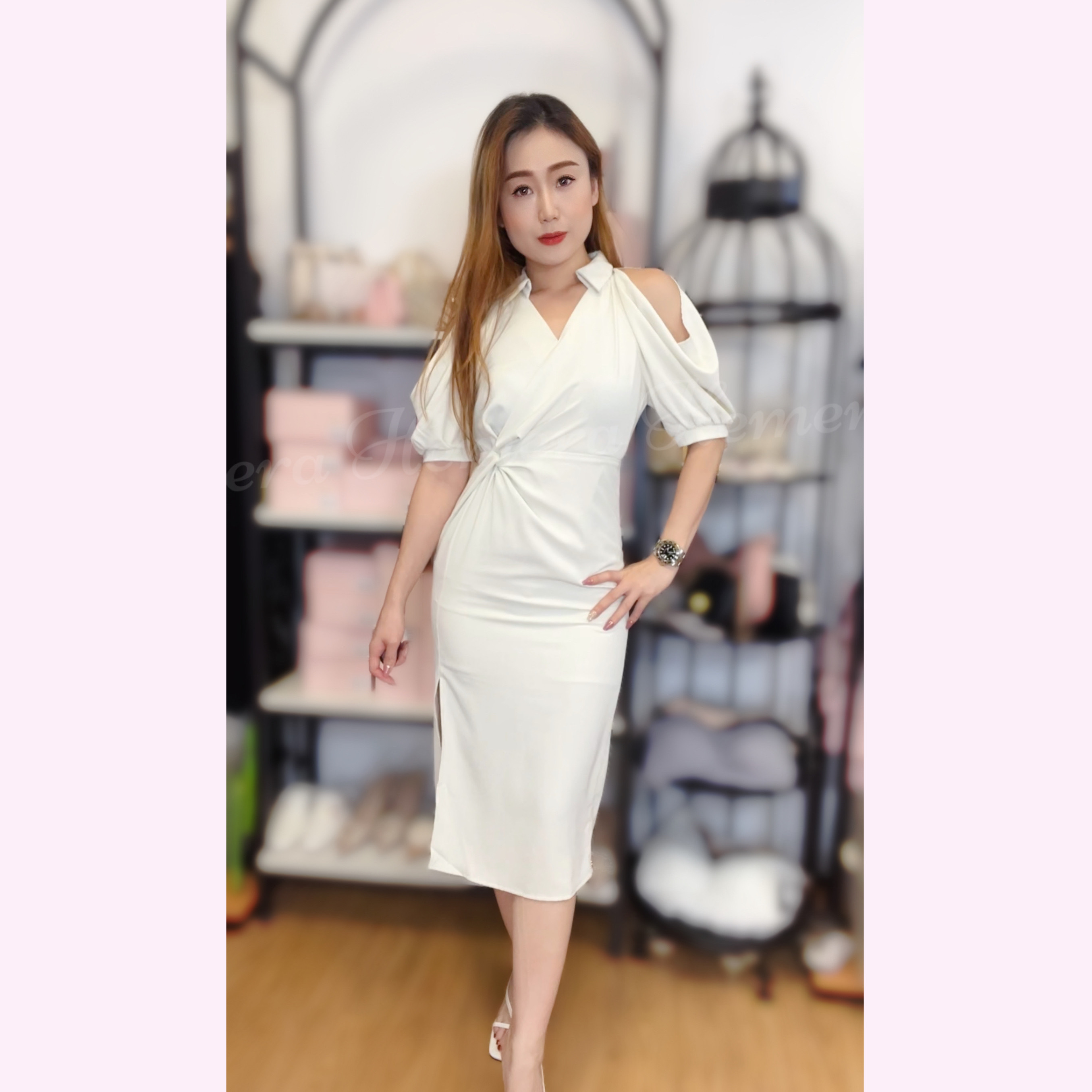 DR23W0522 雪紡露膊扭結小開叉連身裙