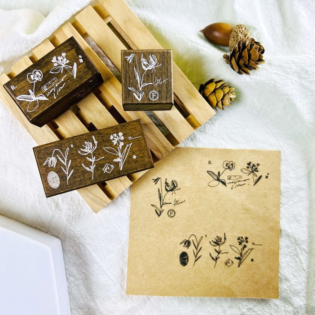 羊君．草花/楝色/焰百合 復古花朵櫸木印章