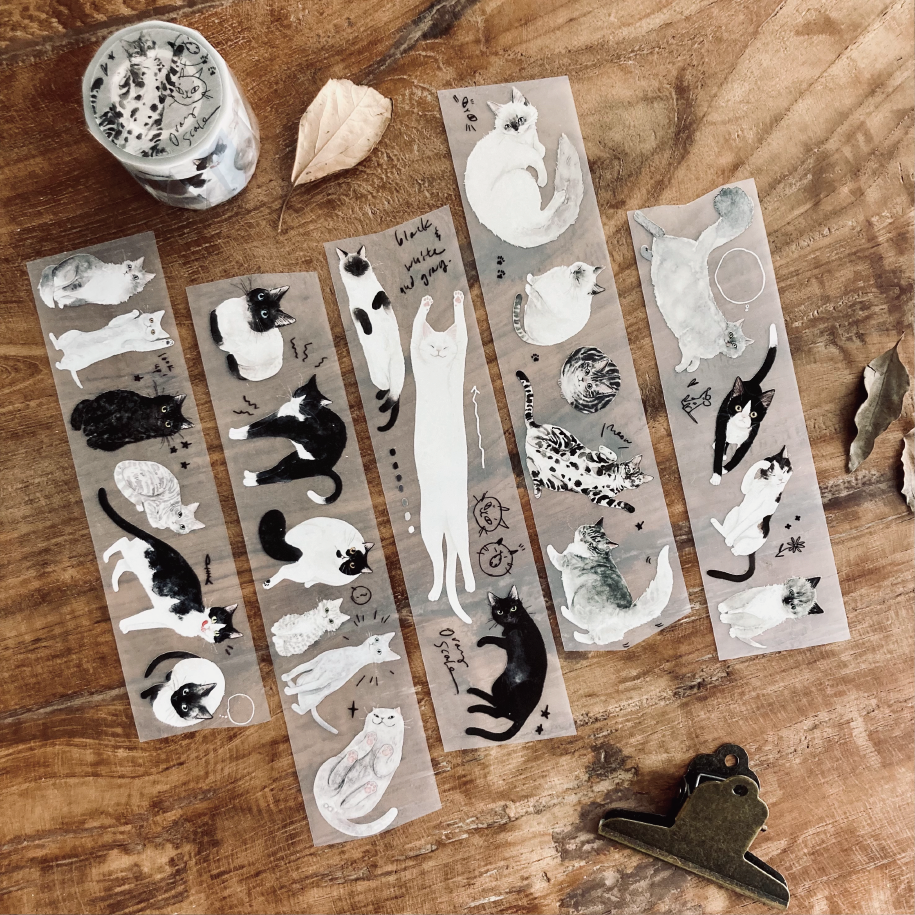 羊君．灰階 貓咪5cm亮面PET紙膠帶 <整捲/分裝>   **改版亮面喔**