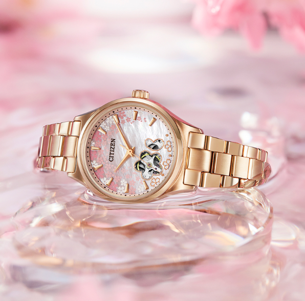 母親節禮物推薦-CITIZEN 浪漫櫻花機械錶(型號 PC1019-66Y)