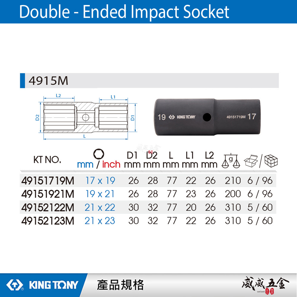 KING TONY 金統立 台灣製｜公制 1/2" 四分 4分 雙頭氣動套筒 氣動長套筒 鉻鉬鋼｜4915M