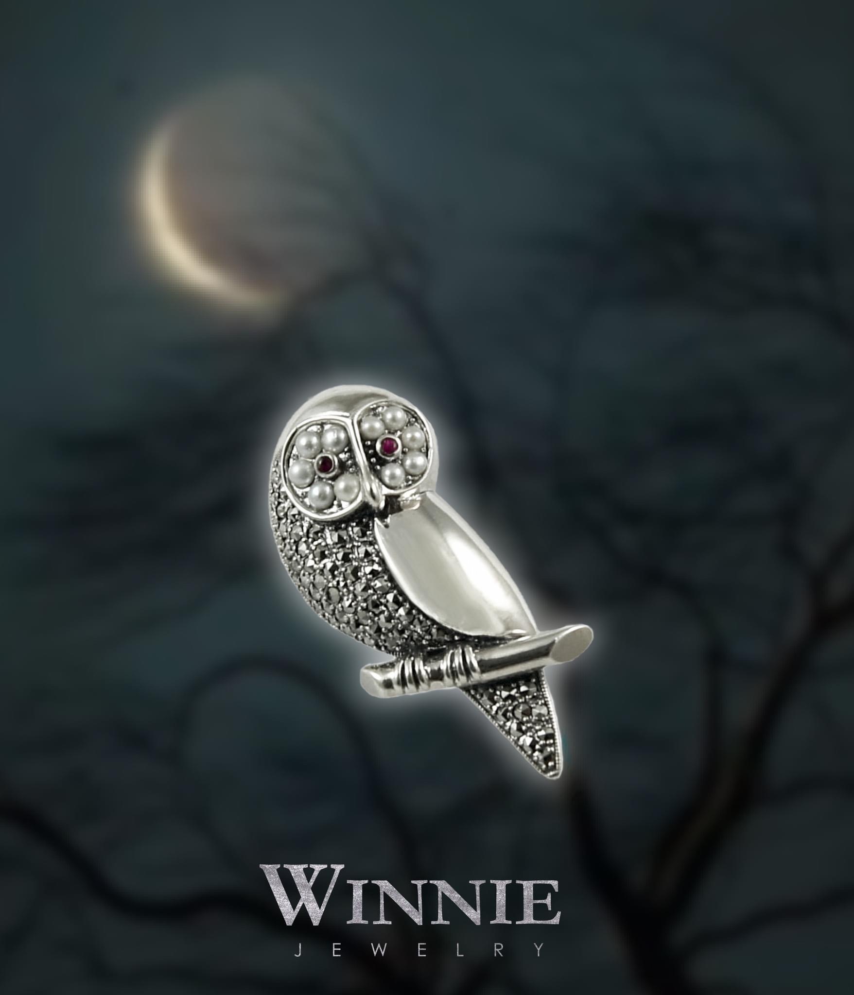 貓頭鷹紅寶胸針