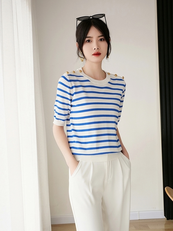 雙肩釦條紋針織上衣 三色