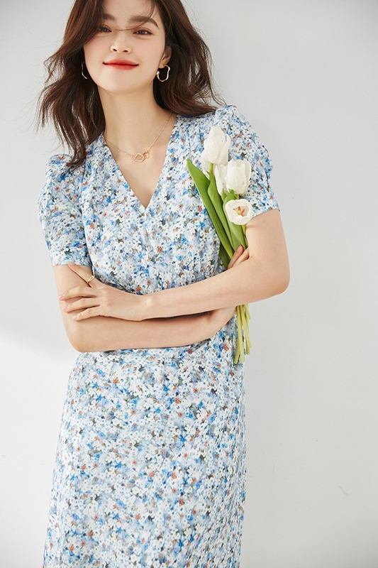 藍L【零碼出清不退換】V領澎袖碎花洋裝