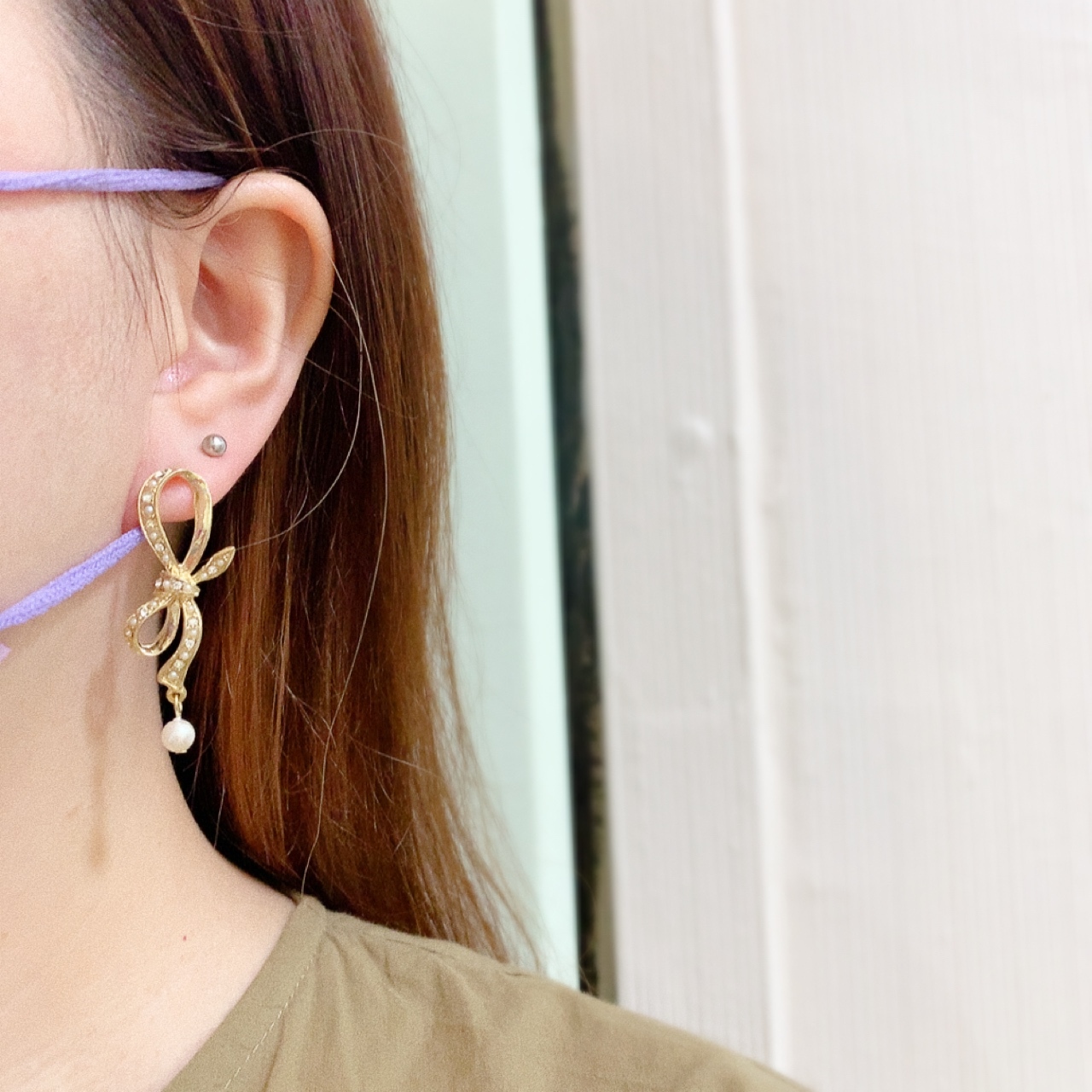 閃石蝴蝶結珍珠耳環