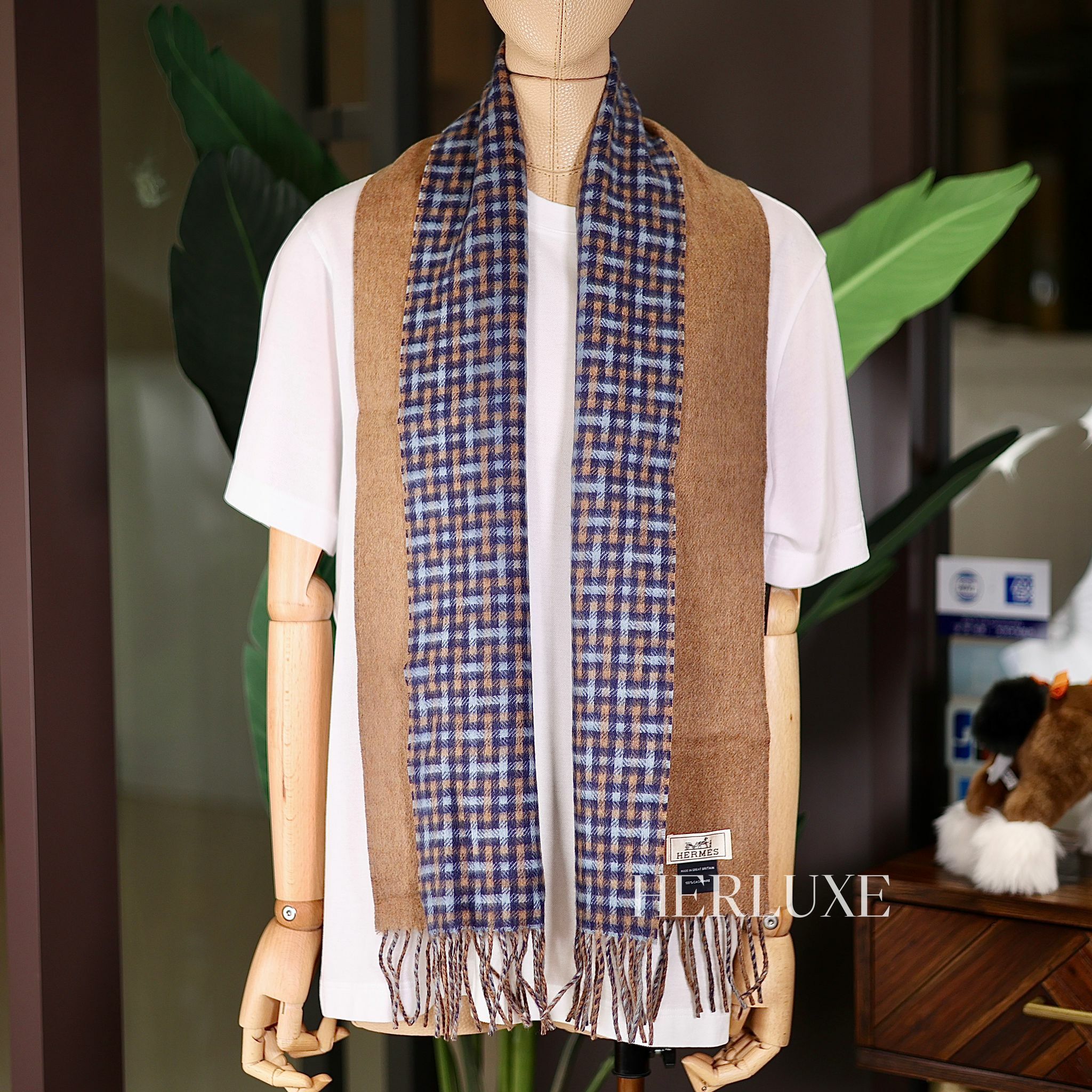 H Ecossais recto-verso muffler 100% cachemire blue 25x150cm