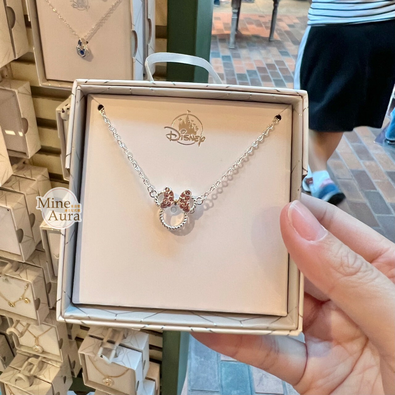 米妮 Minnie 米奇頭造型 紅色蝴蝶結 亮鑽 項鍊 (盒裝) -香港迪士尼樂園