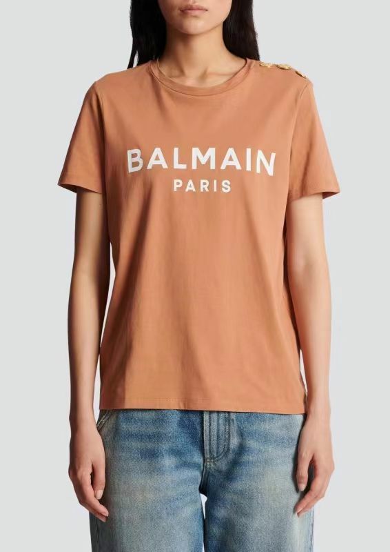 Balmain  女款棕色金扣字母短袖Tee  AF0EF00  5BB02  WCE-T