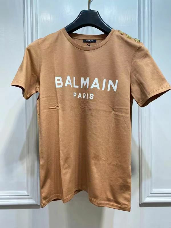 Balmain  女款棕色金扣字母短袖Tee  AF0EF00  5BB02  WCE-T