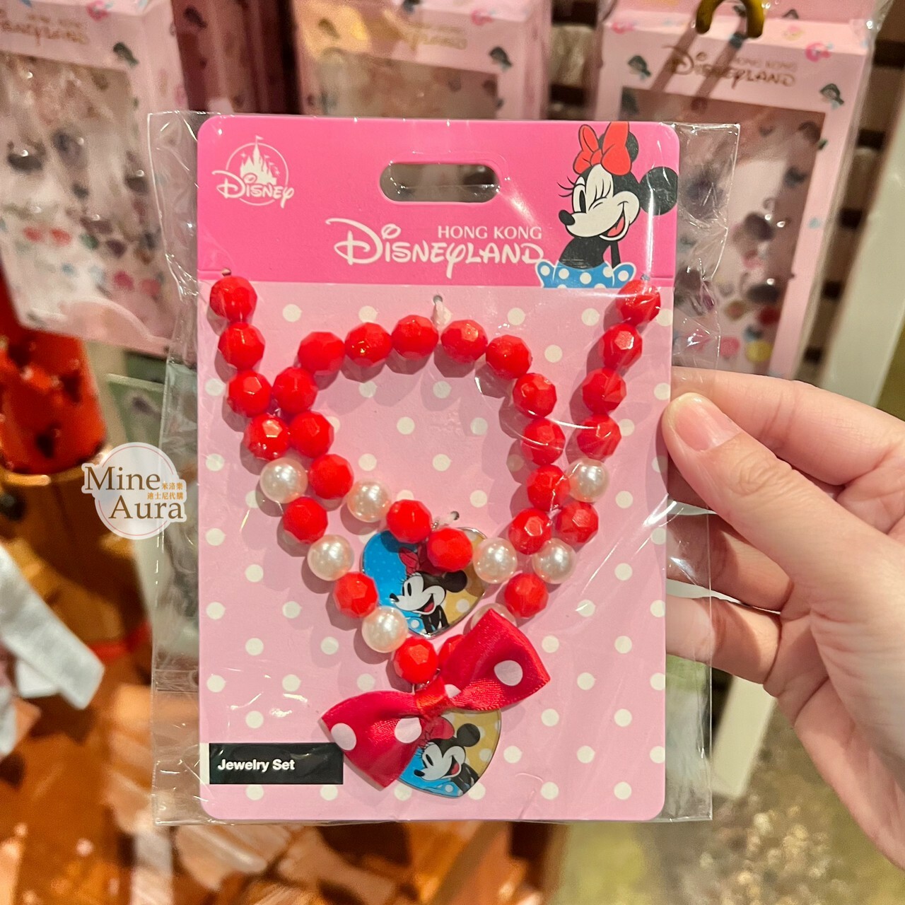 米妮 Minnie 蝴蝶結 墜飾 串珠造型 手環+項鍊 2入組 -香港迪士尼樂園