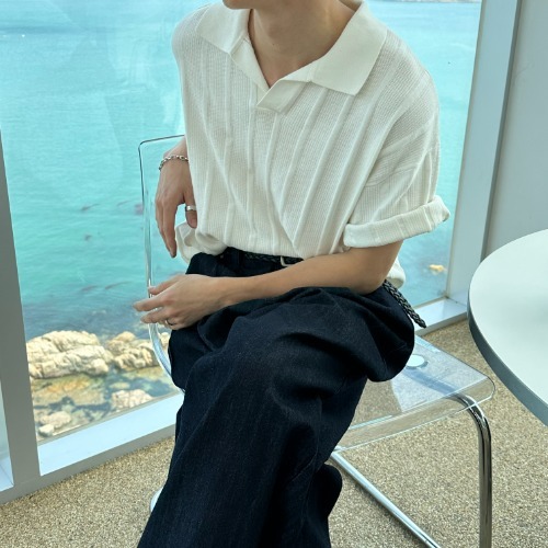 落肩領短袖針織衫上衣