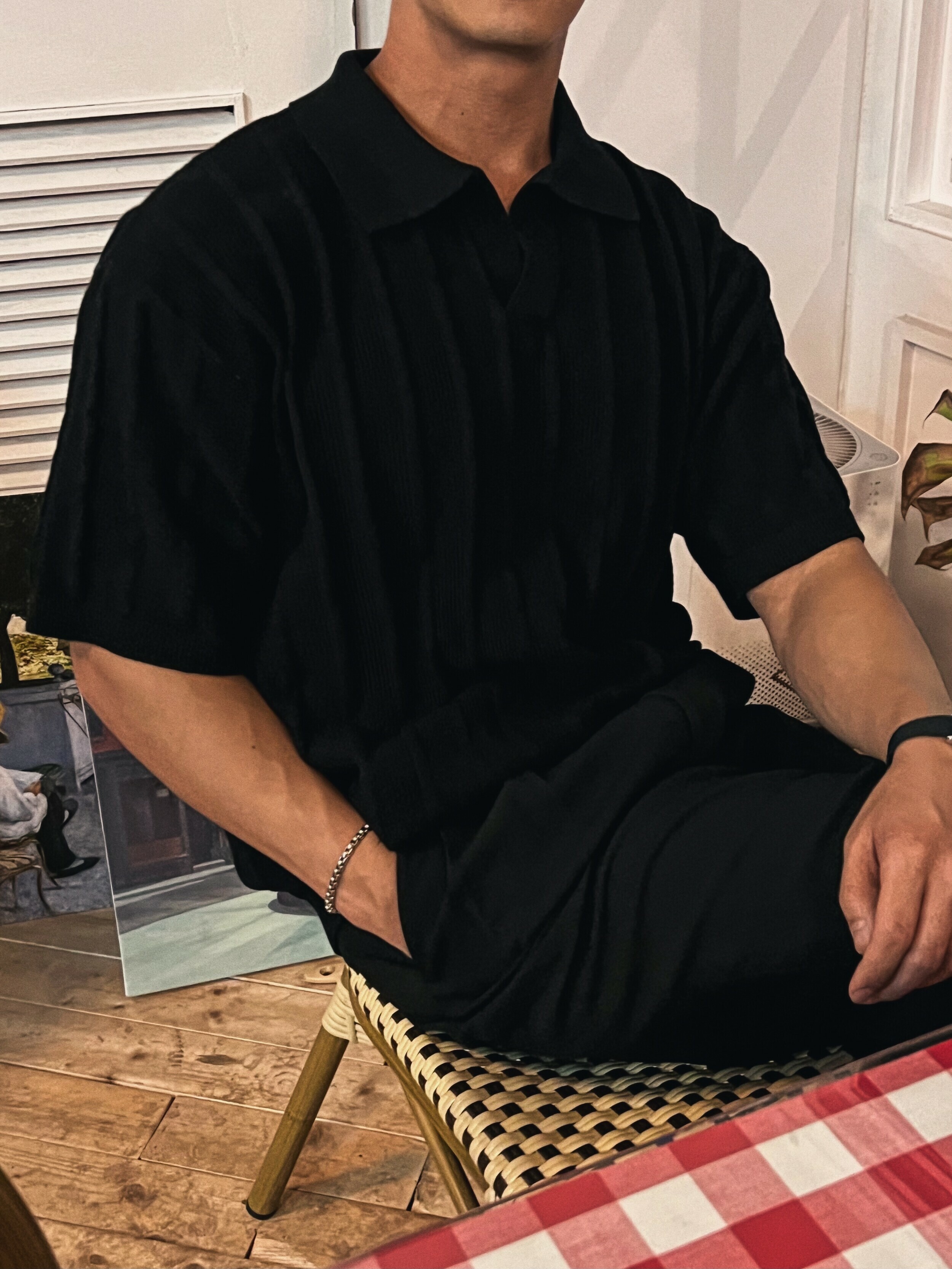 落肩領短袖針織衫上衣