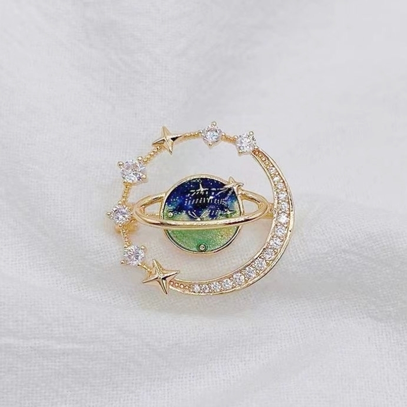 星球環月胸針 藍綠