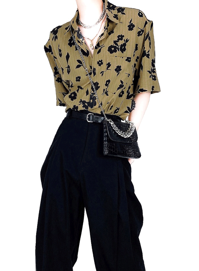 黑色羅莎印染短袖襯衫