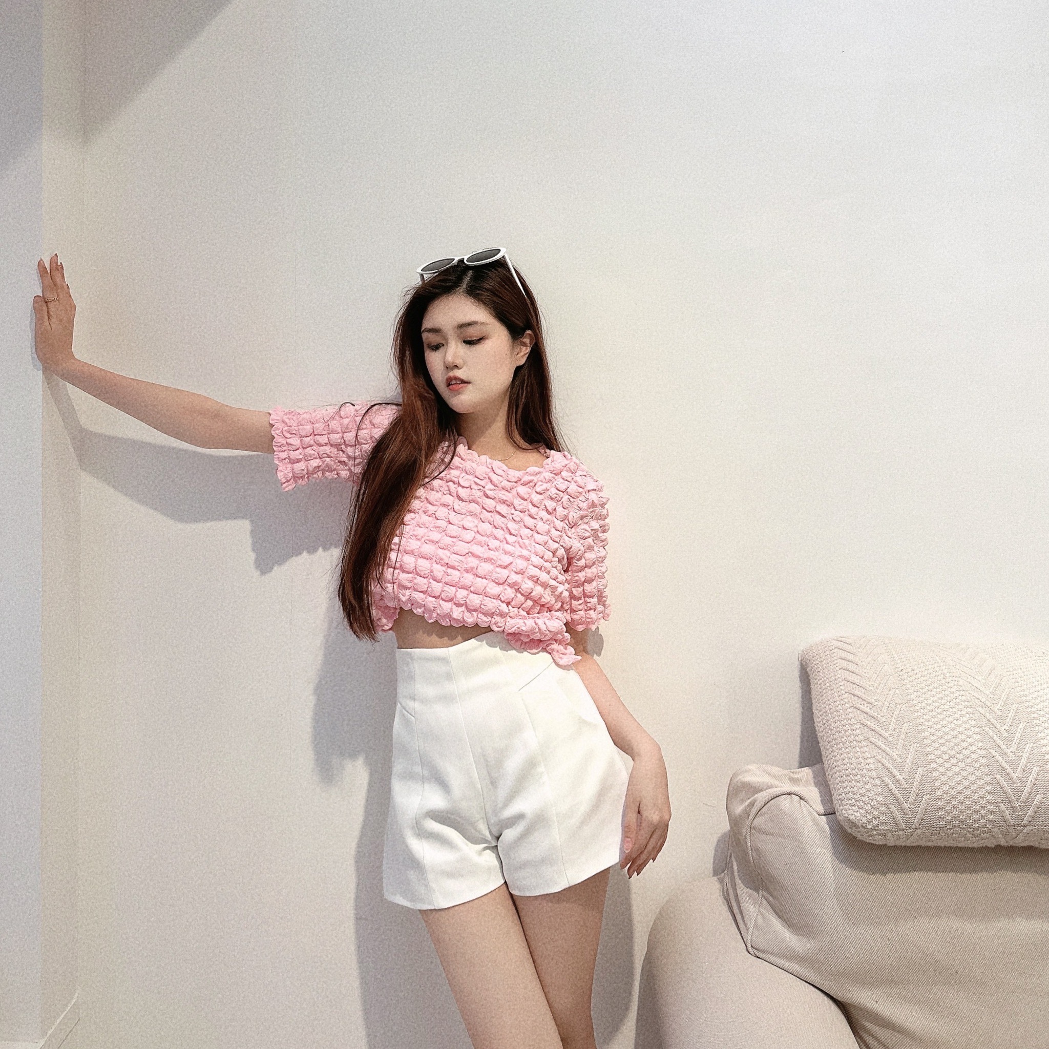 純色泡泡格紋上衣/四色