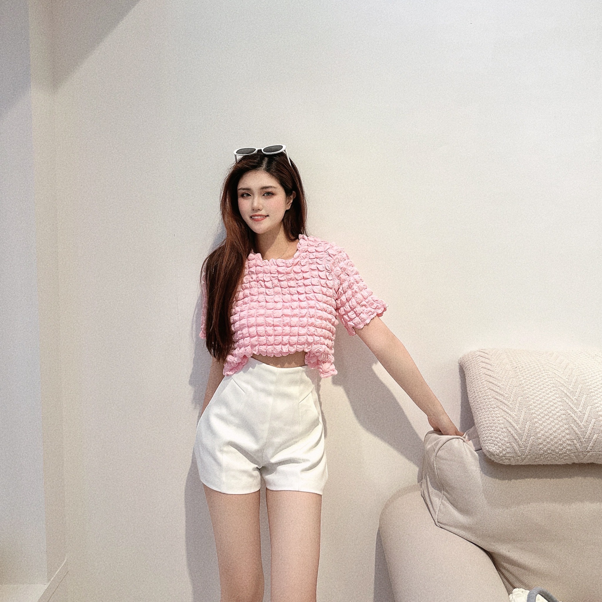 純色泡泡格紋上衣/四色