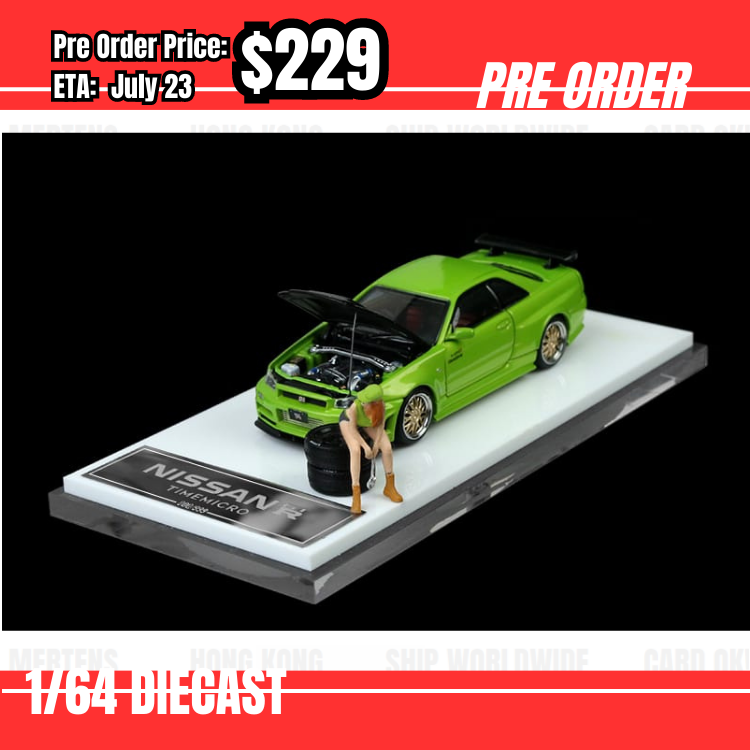 Pre Order-$229 Time Micro 1:64 Nissan Skyline GTR R34 Green w/Figure [OD15/05]