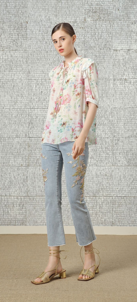 BC1EA027A1 法國玫瑰五分袖荷葉綁帶上衣