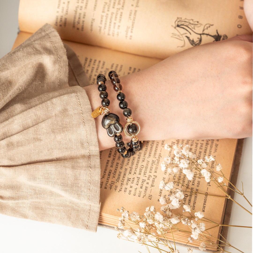 【纏綿】天青煙雨-茶水晶黑曜石金曜石雙圈手鍊